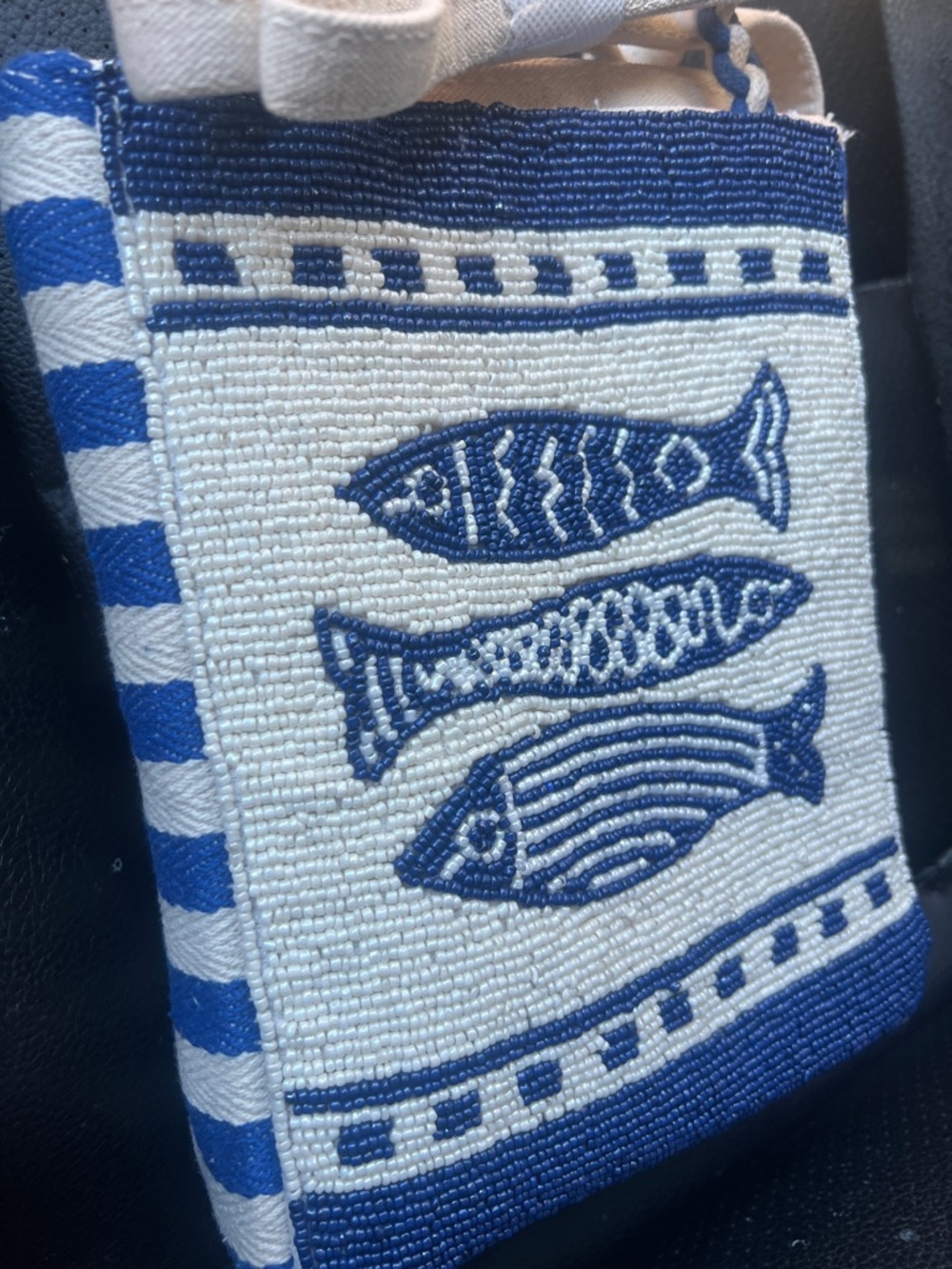 Beaded sardine Tote Bag in Blue and Cream - Picture 2 of 5